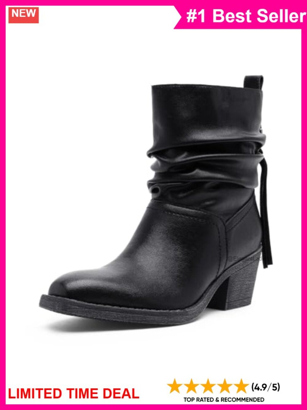 Slouchy Ankle Boots Square Toe Low Block Heel Tassel Faux Leather